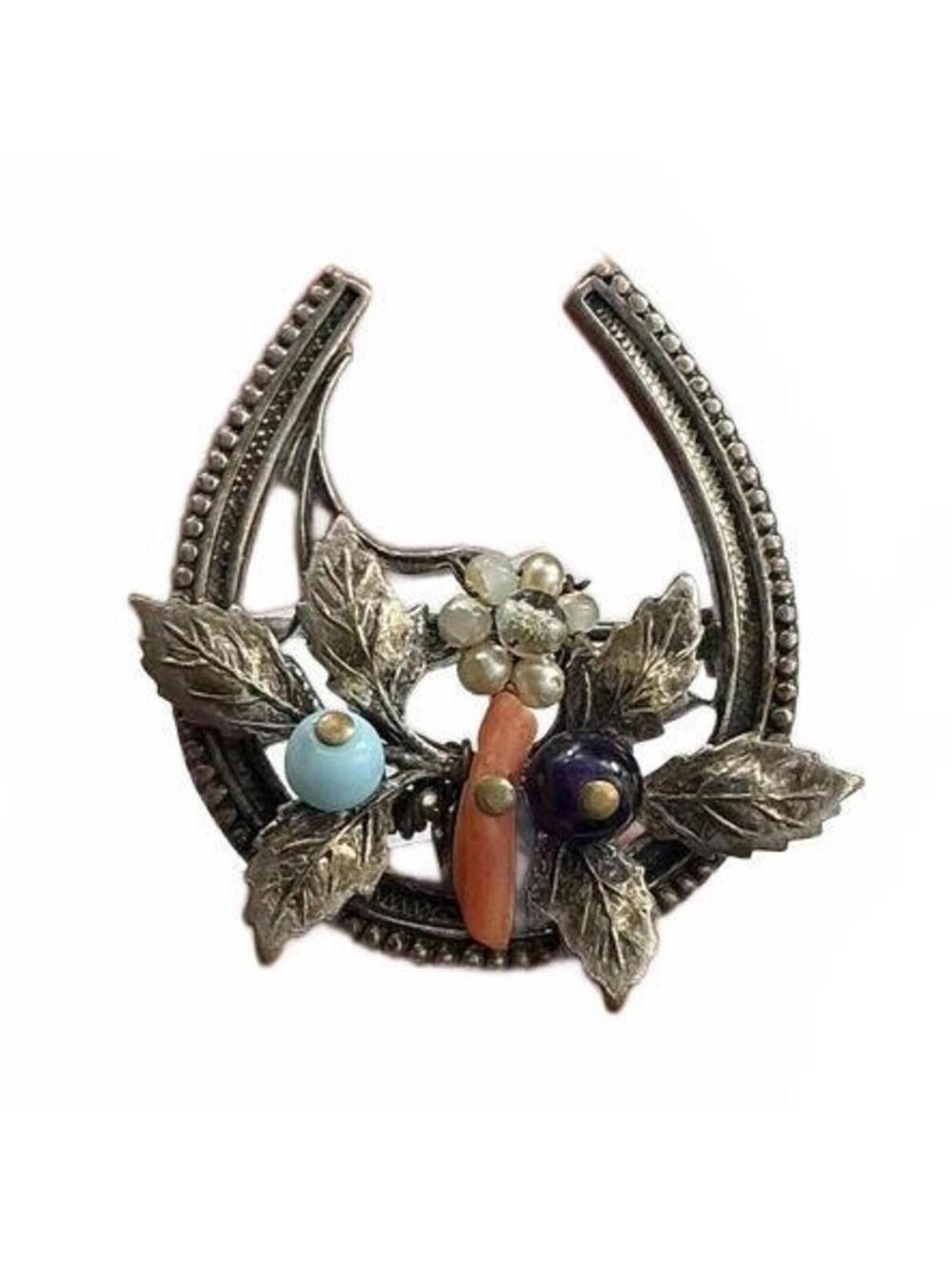 Vintage Victorian Horseshoe Brooch Seed Pearl Amethyst Turquoise and Red Coral